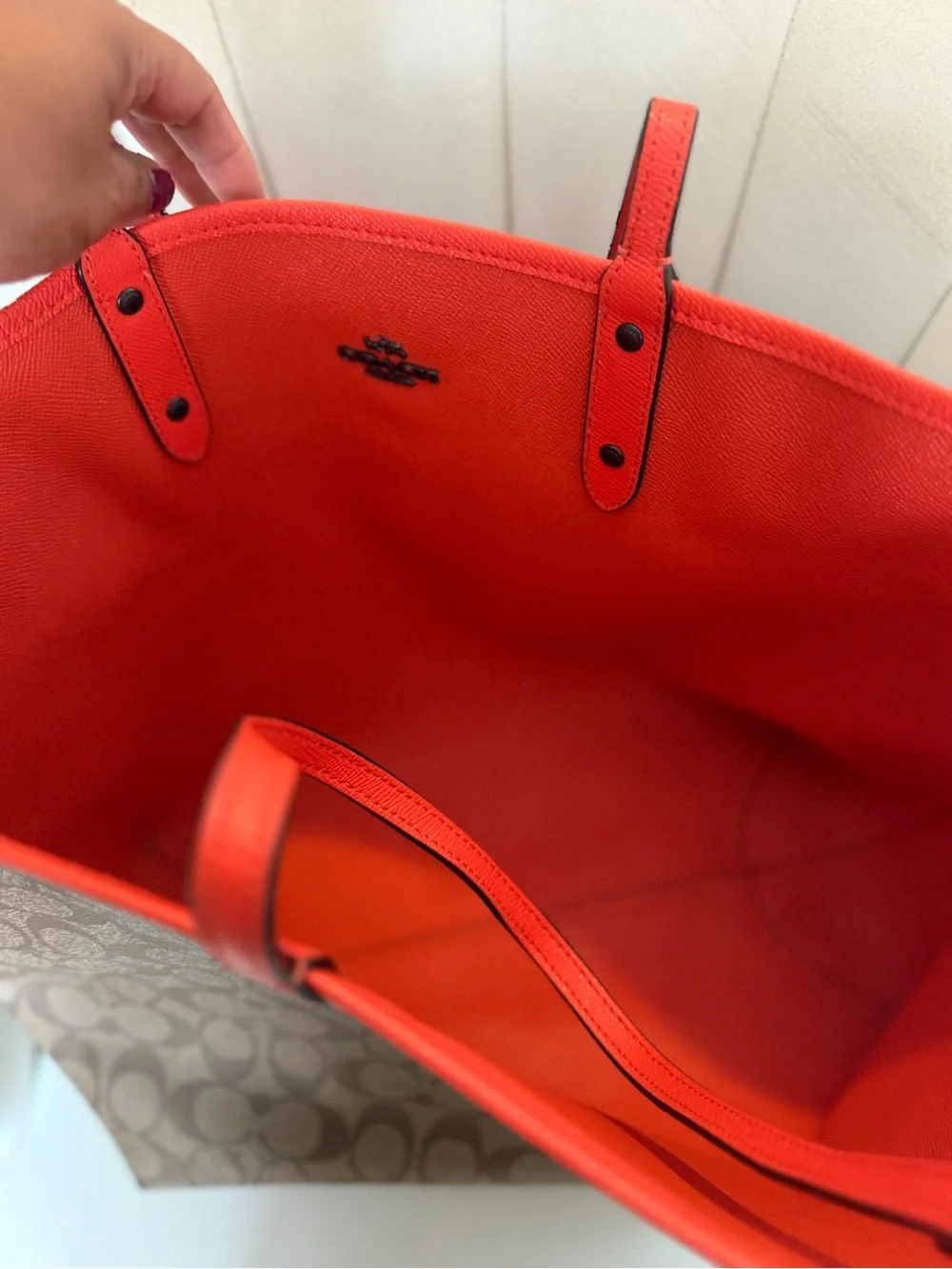 Reversible Coach Canvas Tote with Coral-Red Trim and Matching Removable Pouch